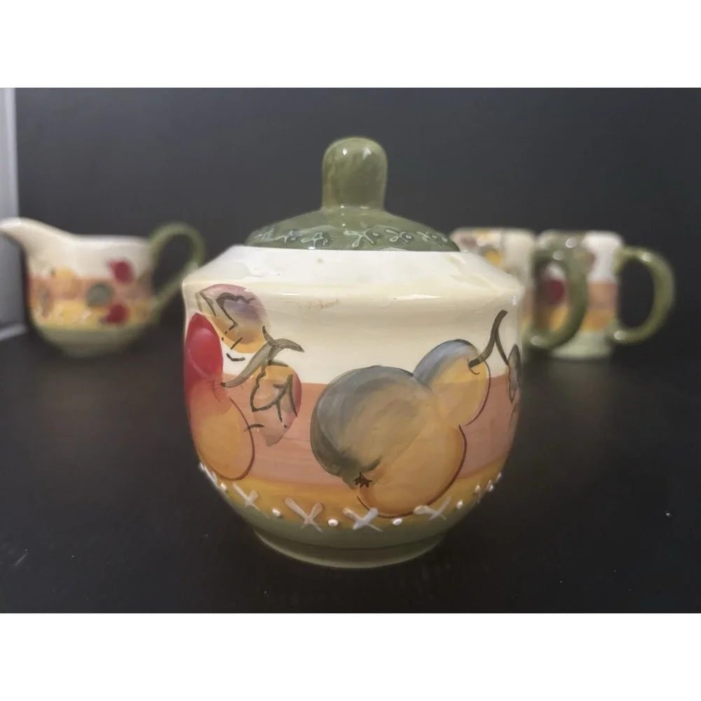 Gibson Fruit Creamer Sugar/Lid Salt and Pepper Shakers Green Handle Farmhouse